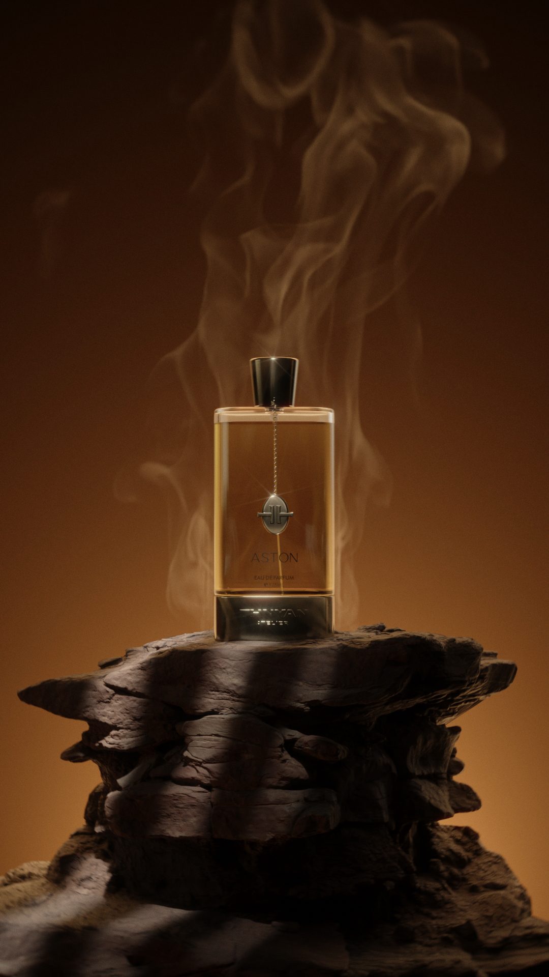 THNYAN ASTON eau de parfum bottle on stacked wood with drifting smoke