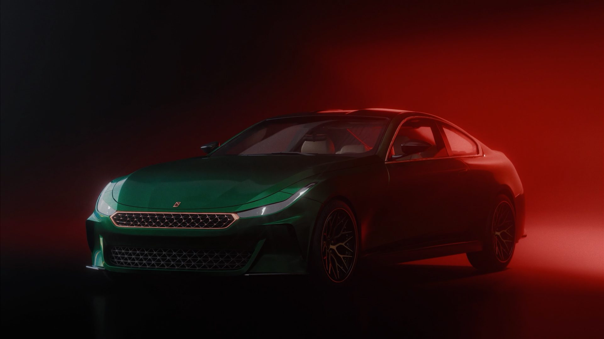 GT-002 concept car head on, green bodywork against a red glow