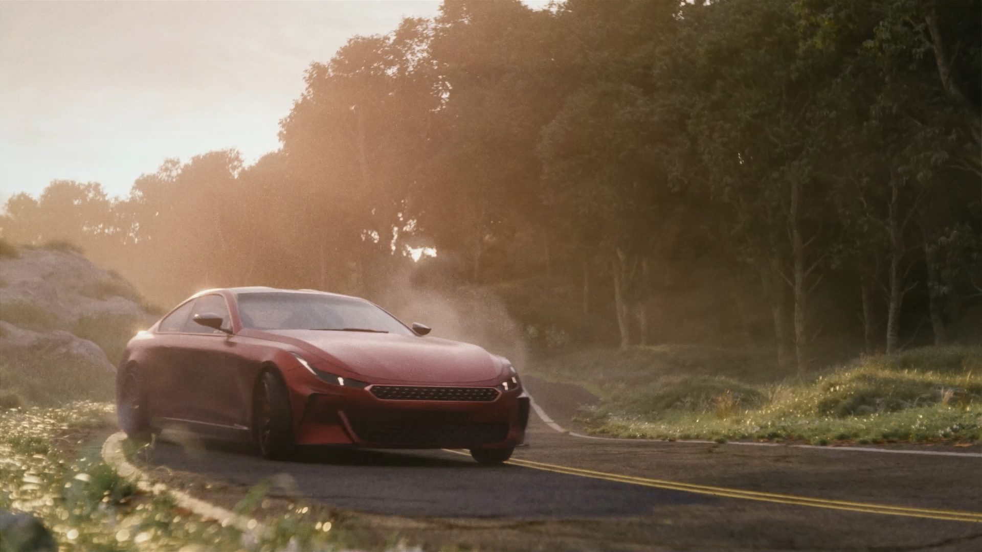 The real car in red, on a woodland road at golden hour