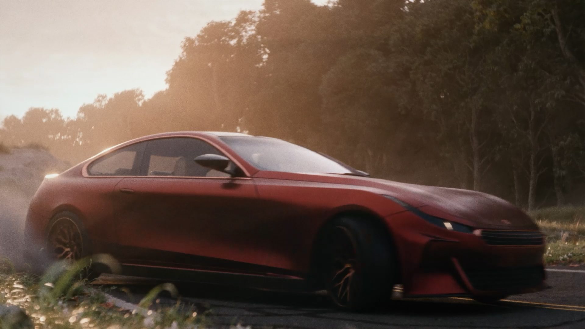 The real car in red, side view against green woodland