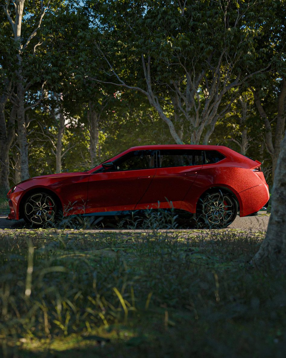 HH-1001 concept car in red, side view on a woodland road
