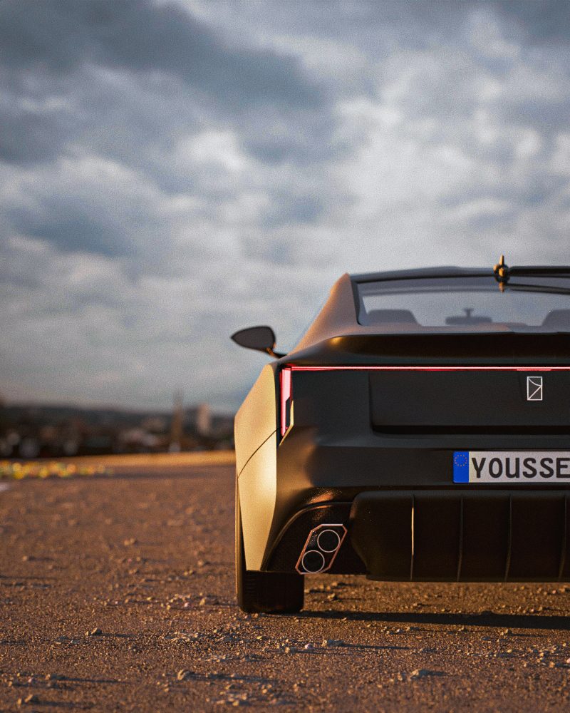 LS-1001 concept car in black, rear view under an overcast sky