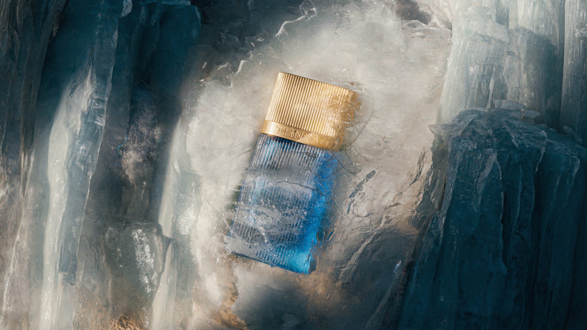 THNYAN Origins Collection bottle set into cracked blue ice
