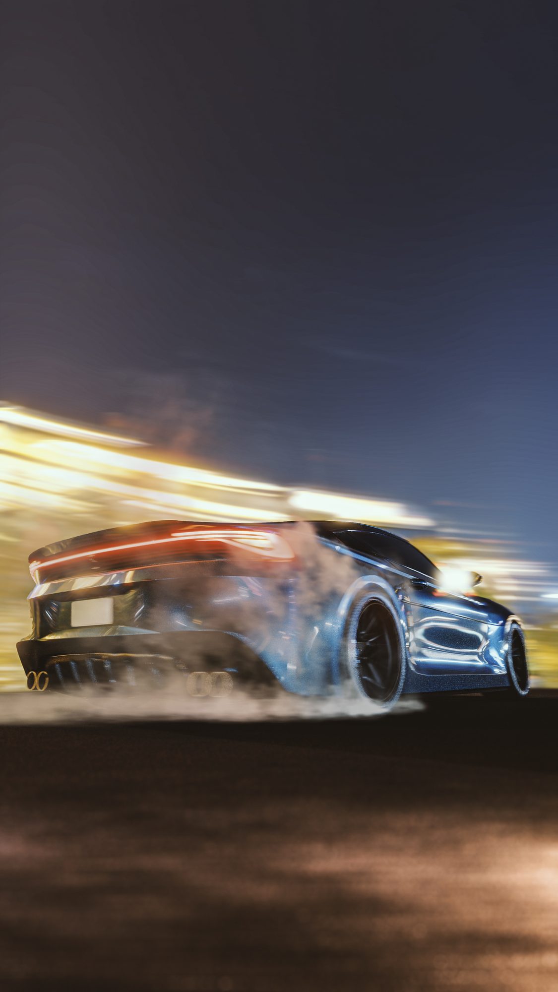 S-1002 concept car in blue, drifting at night through blurred city lights